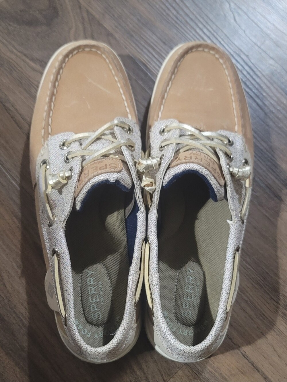 Sperry Tan Leather & Beige Fabric Boat Shoes